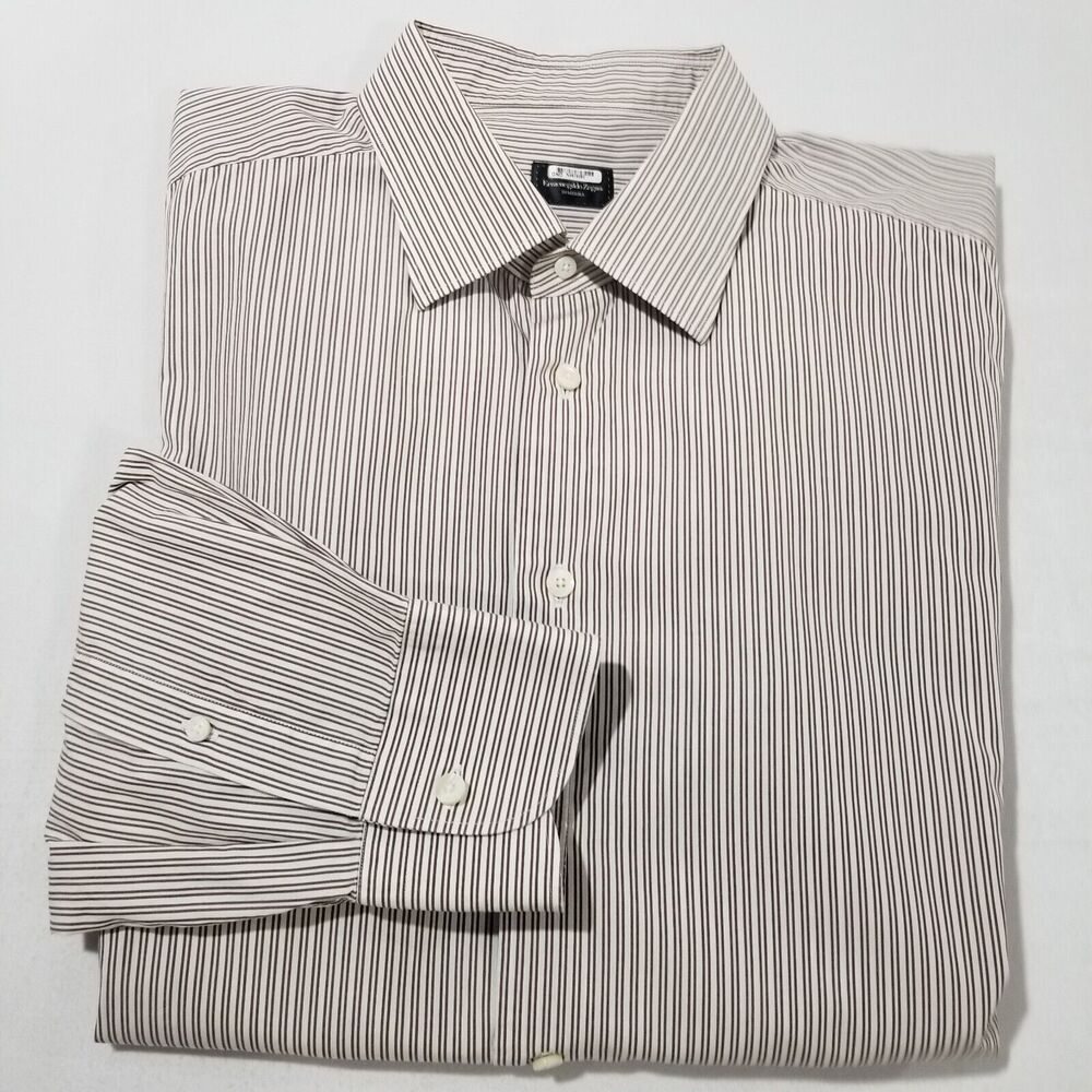Ermenegildo Zegna Su Misura Mens Dress Shirt 17.5 48 Cream White Striped Cotton